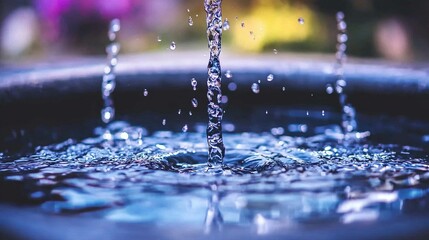 Poster - Water pouring into bowl, splashing, garden background, tranquil scene