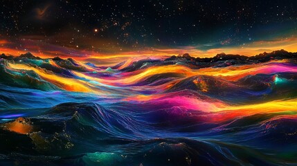 Poster - Vibrant waves of color under a starry sky create an otherworldly seascape