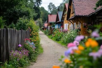 Aufkleber - Beautiful rural street with wooden cottages and vibrant flowers lining the fences. Generative AI