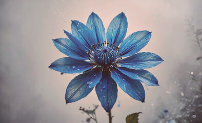 Poster - A blue flower with droplets of water on it. The flower is the main focus of the image, and the water droplets add a sense of freshness and life to the scene