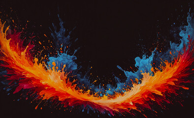 Poster - a painting of a fire with blue, orange and red splatters. the painting is dark and the colors are vi