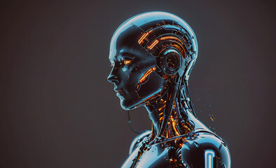 Aufkleber - A woman's head with a silver and orange face. The face is made of metal and has a robotic appearance