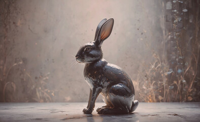 Poster - A silver rabbit is sitting on a concrete floor. The rabbit is looking to the right. The rabbit is sitting in a field of grass