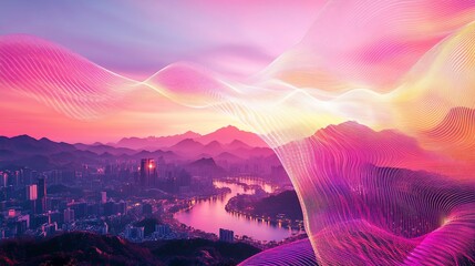 Poster - Abstract city landscape with a river at sunset and layered pink waves overlapping the view