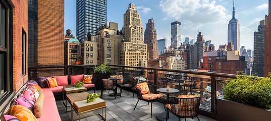 Poster - a chic rooftop bar with modern furniture, outdoor seating, and cityscape views