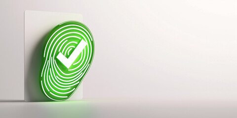 Poster - Green fingerprint symbol with check mark glowing on a light background representing security, authentication, and identity verification concepts