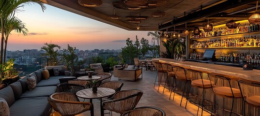 Poster - a chic rooftop bar with modern furniture, outdoor seating, and cityscape views