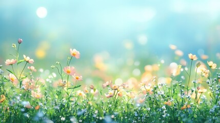 Wall Mural - Beautiful sunny spring meadow with wild flowers. Spring background with light bokeh and space for text.	
