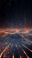Fototapete - Abstract landscape with glowing lines and particles against a dark background