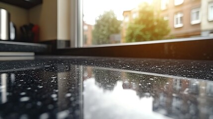 Wall Mural - Wet black granite kitchen counter reflecting city view