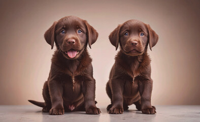 Poster - Two brown puppies are sitting on a table, one of them has its tongue out. Scene is playful and lighthearted, as the puppies seem to be enjoying themselves