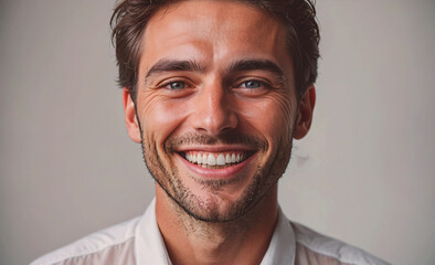 Aufkleber - A man with a smile on his face. He is wearing a white shirt. Concept of happiness and positivity