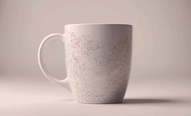 Poster - A white coffee cup with gold designs on it. The design is intricate and detailed, giving the cup a luxurious and elegant appearance