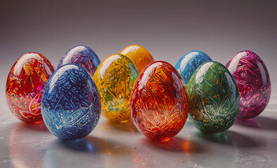 Aufkleber - A row of colorful glass eggs are arranged on a table. The eggs are of different colors and sizes, and they are all lined up in a row. The eggs are arranged in a way that they are all facing the same