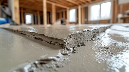 Wet concrete floor leveling in house under construction, blurred background