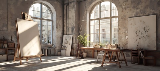Poster - a contemporary art studio with large windows, creative workspace, and modern design elements