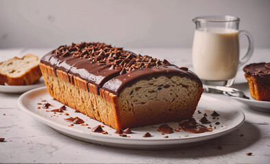 Poster - A chocolate cake with chocolate chips on top is sitting on a white plate. A glass of milk is next to the cake
