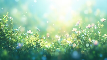 Wall Mural - Beautiful sunny spring meadow with green grass and blue sky. Abstract background with light bokeh and space for text