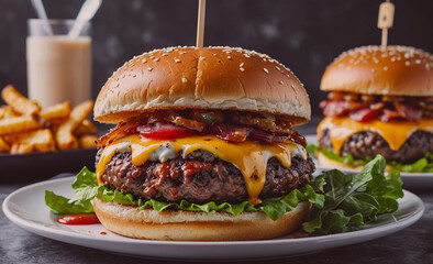 Poster - A large hamburger with cheese and bacon on top sits on a plate. A glass of milk is on the table behind the burger