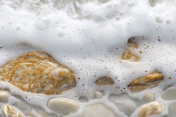 Poster - Close up view of smooth beach pebbles washed gently by soft ocean waves during a serene coastal moment. Generative AI