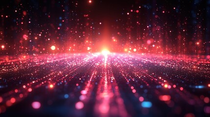 Fototapete - Vibrant Abstract Digital Landscape with Colorful Particles and Glowing Light Rays Creating a Sense of Depth and Motion