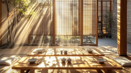 Aufkleber - Relaxing atmosphere in a traditional Korean room filled with sunlight during the afternoon. Generative AI