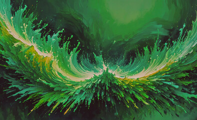 Poster - A green and white painting of a wave with green and yellow splatters. The painting has a sense of movement and energy, with the green and yellow colors creating a vibrant and lively atmosphere. The