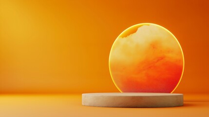 Poster - Abstract orange sunrise with circular design and calm pedestal in warm background for creative projects