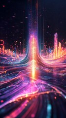 Poster - Futuristic Cityscape with Glowing Lines and Data Streams Creating a Digital World