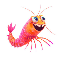 Aufkleber - A digitally rendered illustration of a cheerful cartoon shrimp with bright colors and a large smile.