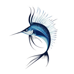Poster - A stylized illustration depicts a blue marlin leaping dynamically against a white background showcasing the fish's grace and power.