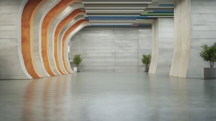 Poster - Modern Spacious Hallway with Colorful Accent Walls and Potted Plants in Contemporary Building Interior