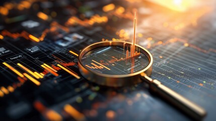 Poster - Close-up of Magnifying Glass Focusing on Financial Chart Data with Orange Indicators and Soft Light Effect