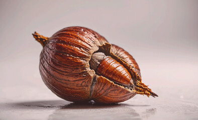Poster - A nut is shown in its shell, with the shell still intact. The nut is brown and has a slightly wrinkled texture. Concept of curiosity and wonder, as the viewer is left to imagine what lies inside the