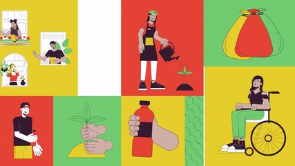 Poster - We culture mindset bento grid animation. Inclusive people diverse volunteers. Sustainability eco-friendly collage motion 4K video web design. Animated cartoon characters collection mood board