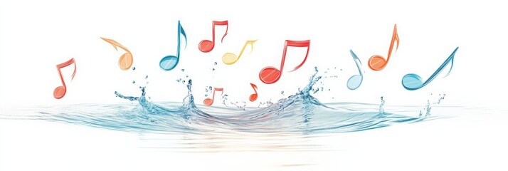 Poster - Colorful music notes are splashing and creating waves in refreshing, crystal clear water, representing the dynamic and fluid nature of music and sound