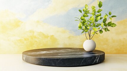 Poster - Elegant Marble Display with Green Plant in White Vase Against Soft Yellow and Blue Background