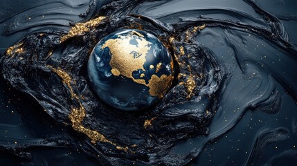 Wall Mural - Gold and dark blue abstract swirling art around a globe.