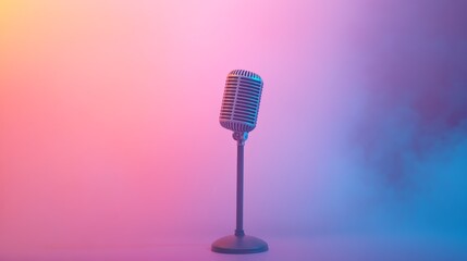 Poster - Classic microphone glowing in vibrant pink and blue lighting, creating a dramatic backdrop for musical performances, stand up comedy, or open mic events