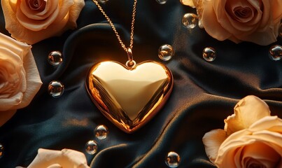 Wall Mural - Golden Heart Pendant Necklace on Dark Silk with Roses