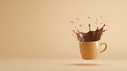 Poster - Levitating cup overflows with a splash of delicious hot chocolate, creating a dynamic and visually appealing scene against a warm beige background