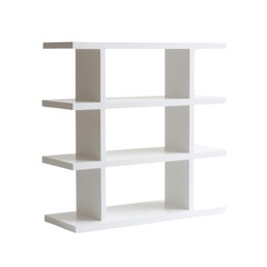 Poster - A minimalist white shelving unit with three shelves and multiple cubbies is shown against a white background.