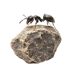 Poster - A detailed close-up image showcases a black ant perched atop a small, gray rock against a stark white background.