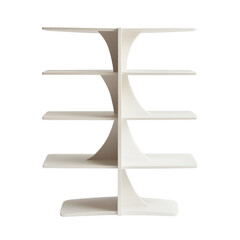 Poster - A modern white bookcase with five shelves and a unique curved design stands against a white background.