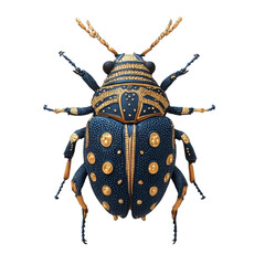 Poster - A meticulously detailed artwork depicting a blue and gold beetle against a white background.