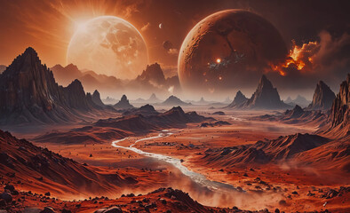 Poster - a desolate landscape with two large planets in the background and a river in the foreground. the sce
