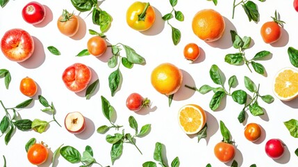  Healthy eating background / studio photography of different fruits and vegetables isoleted on white backdrop, top view. High resolution product.