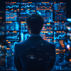Poster - Data Analyst at Night: A focused businessman stands before a wall of glowing data screens, his silhouette illuminated by the vibrant blue light, lost in the intricate world of data analysis.