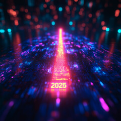 Poster - path to 2025: a digital road illuminated by a neon pink pathway cutting through a swirling matrix of