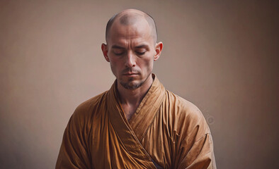 Poster - A man in a brown robe is sitting in a cross legged position with his hands folded in his lap